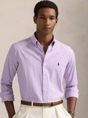 Polo Ralph Lauren Slim Fit Striped Poplin Shirt Lavender White Large